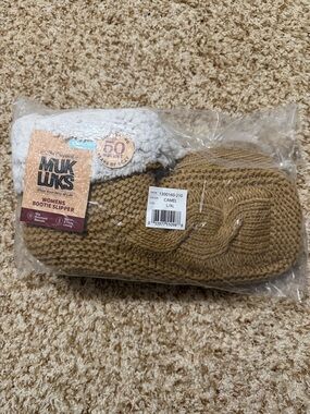Muk Luks Camel Knit Women's Bootie Slippers with Cream Plush Lining
